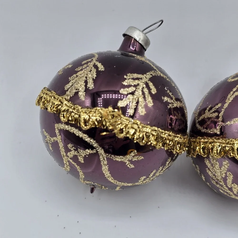 2 Vtg Glass Ball Christmas Ornaments Purple Gold Hand Blown‎ Unique